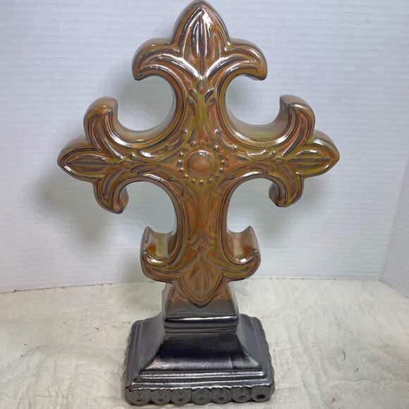 Pair Of Decorative Ceramic Fleur-De-Lis Cross Figurines or Book Ends - Picture 5 of 9